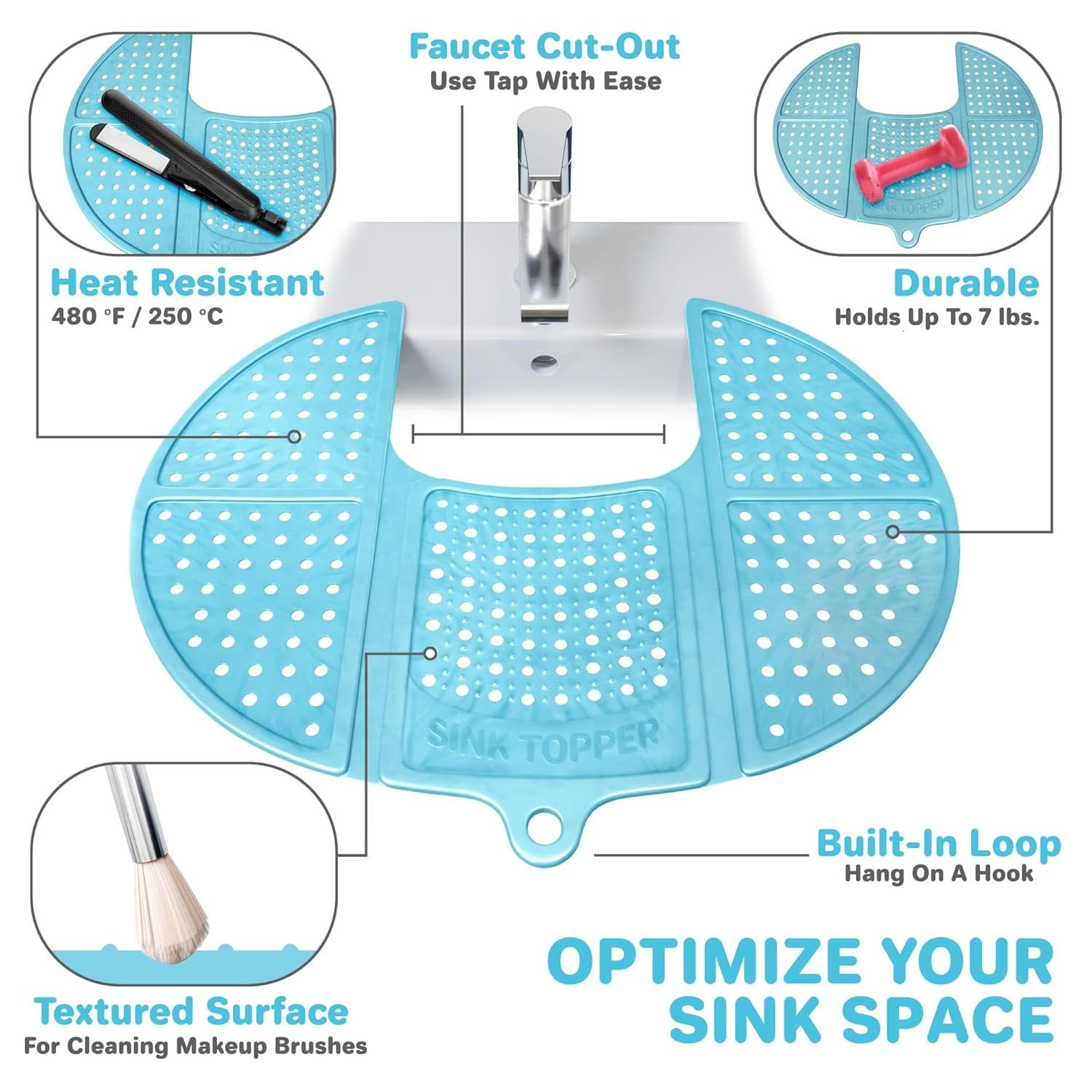 Bathroom Counter Cover and Space-Saving Storage Solution, Foldable Mat for Hot Tools, Hair Styling, and Makeup, Beauty Brush Cleaning Mat, RV Camper Sink Cover for Compact Areas (Standard Pacific Blue)
