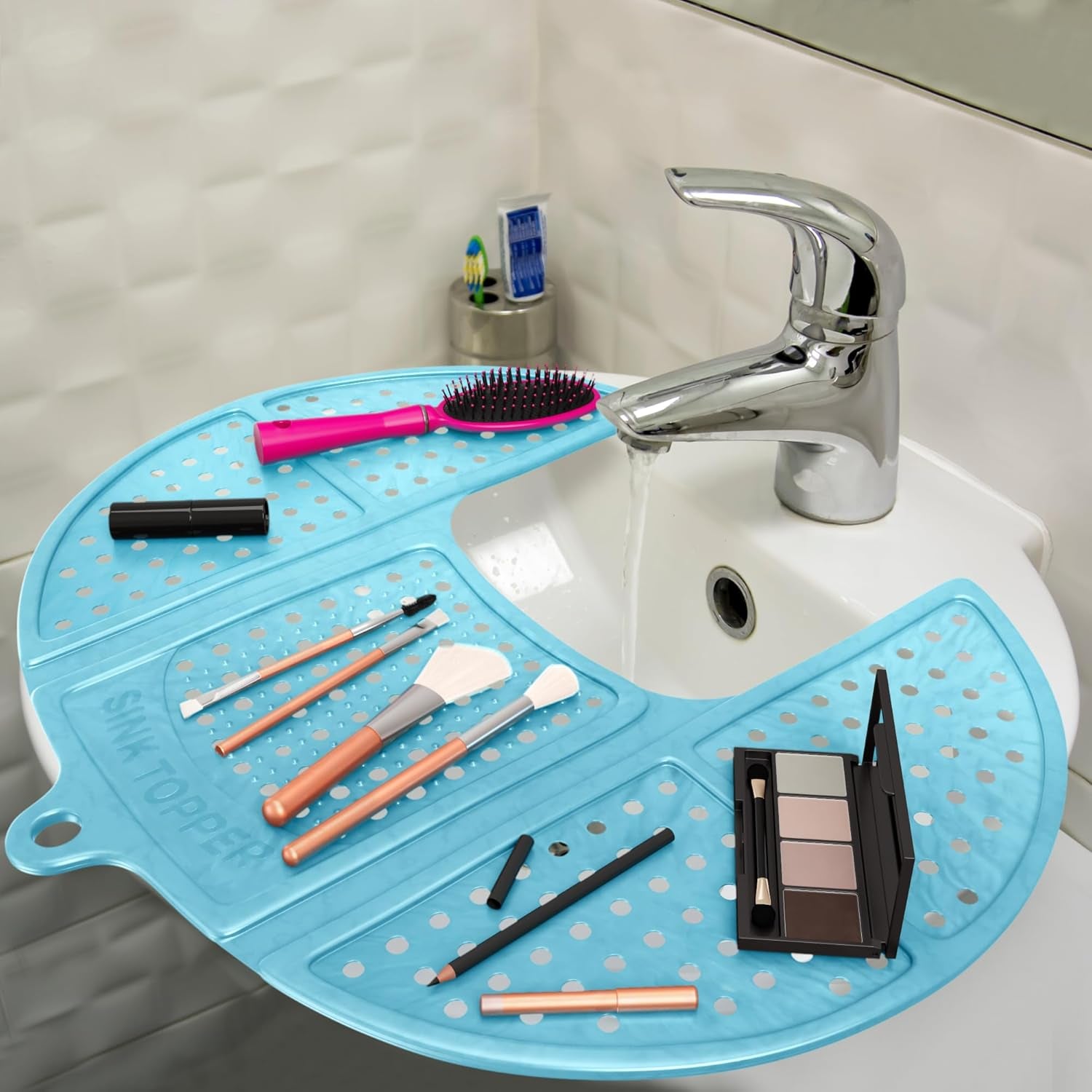 Bathroom Counter Cover and Space-Saving Storage Solution, Foldable Mat for Hot Tools, Hair Styling, and Makeup, Beauty Brush Cleaning Mat, RV Camper Sink Cover for Compact Areas (Standard Pacific Blue)