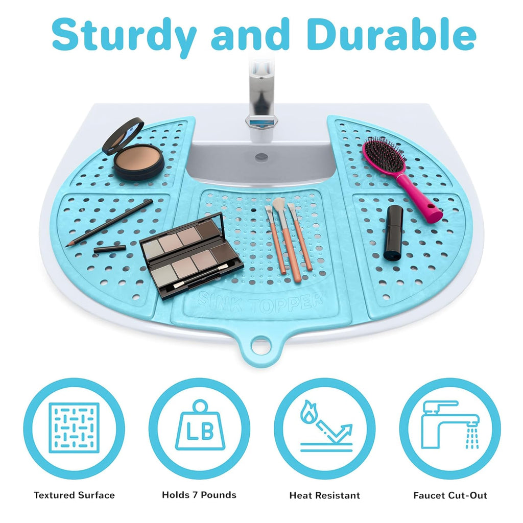 Bathroom Counter Cover and Space-Saving Storage Solution, Foldable Mat for Hot Tools, Hair Styling, and Makeup, Beauty Brush Cleaning Mat, RV Camper Sink Cover for Compact Areas (Standard Pacific Blue)